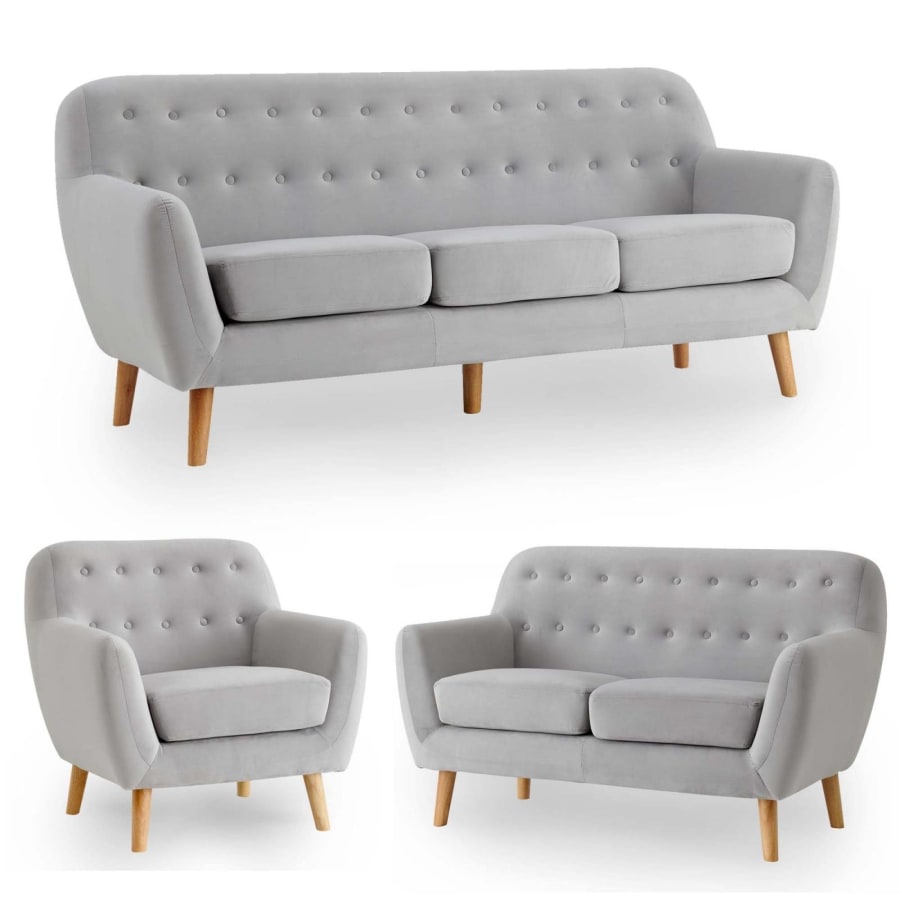 Ensemble canap&eacute; en tissu gris 3+2+1 places scandinave